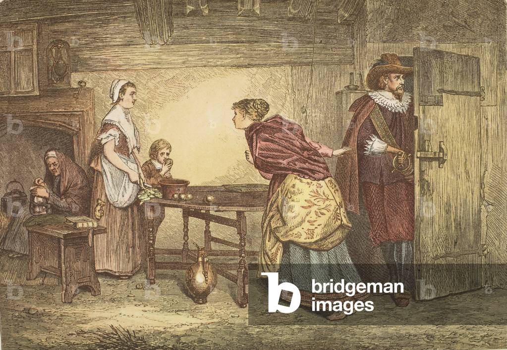Immagine di Incisione "Realisti in cerca di rifugio nella casa di un puritano", 19th Secolo di Marcus Stone, b