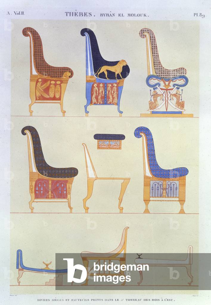 Illustrations of various painted seats and armchairs from the 5th Tomb of the Kings at the east, Byban el Molouk, plate 89 from Vol II of `Descriptions of Egypt`, engraved by Pomel, 1822 (aquatint)