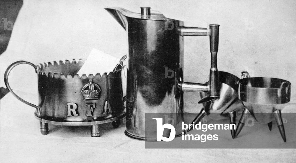 Christmas presents made from shell-cases and cartridges, gifts constructed by a wounded soldier, from 'The Illustrated War News' (b/w photo)