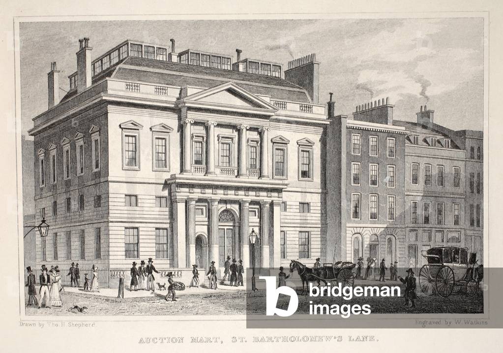 Auction Mart, St. Bartholomew's Lane, from 'London and it's Environs in the Nineteenth Century' pub. Jones & Co., 1827-1829 (engraving)