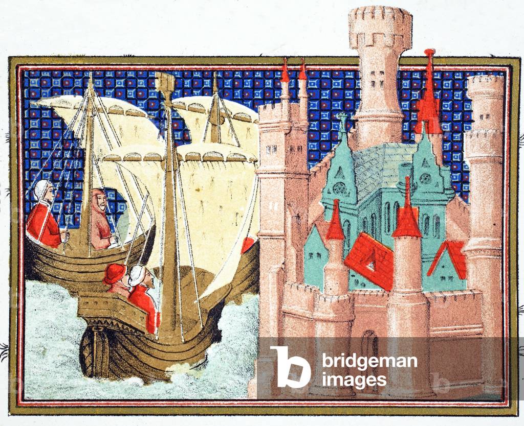 The Duke of Salisbury arriving at Conway Castle from Ireland, facsimile copy from 'Le Prinse et Mort du Roy Richart' by Jean Creton, reprinted 19th Century (colour litho)