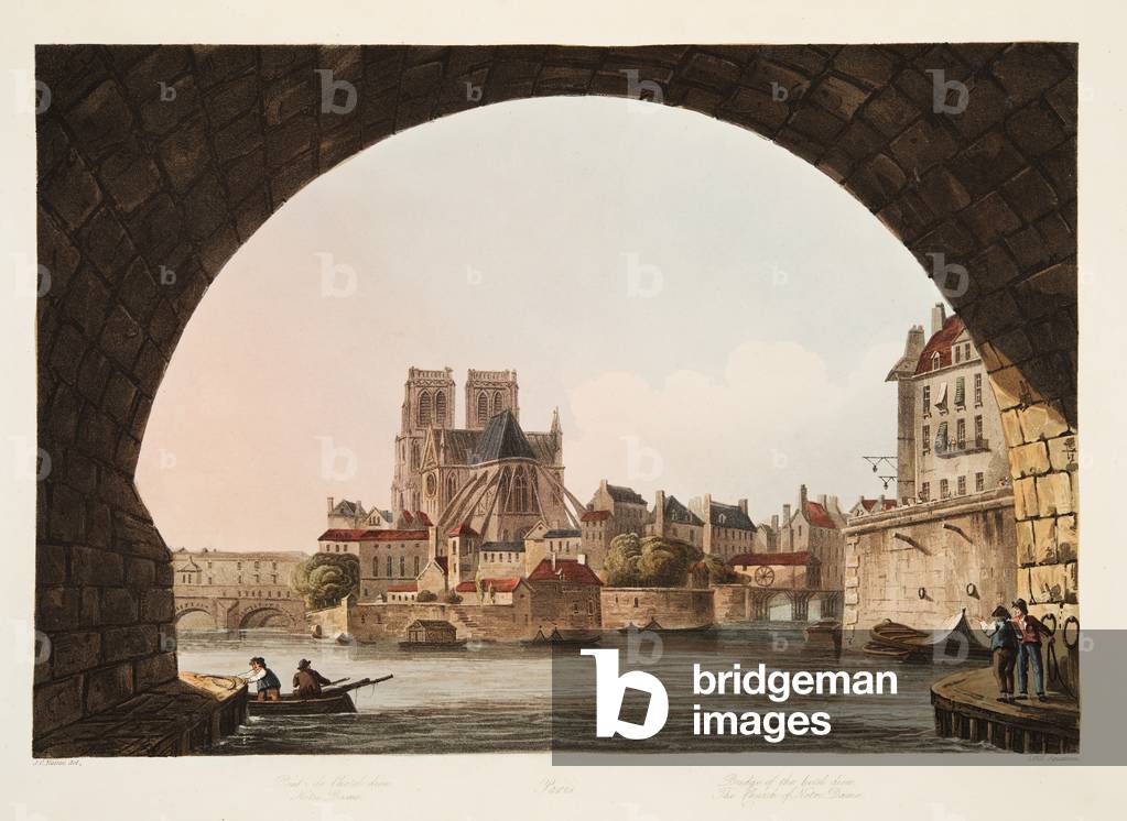 Bridge of the Hotel Dieu and the Church of Notre Dame,  illustration from 'Versailles, Paris and Saint Denis',  pub. 1805 (aquatint)