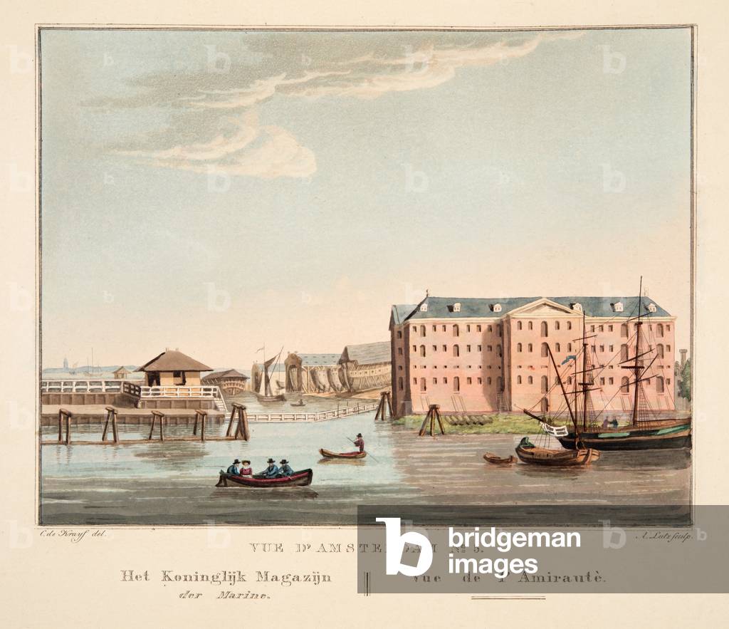 Vue d'Amsterdam No.5. Het Koninglijk Magazijn der Marine. Vue de l'Amirautè, 1825 (hand-coloured engraving)
