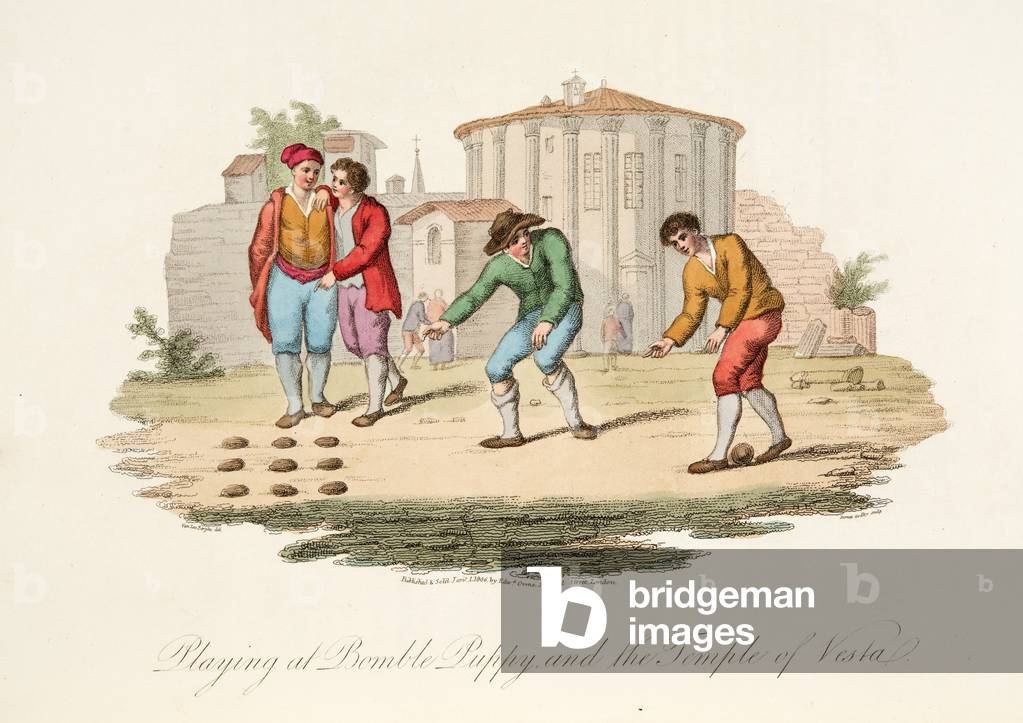 Playing at Bomble Puppy and theTemple of Vest, from Italian Scenery, representing the Manners, Customs and Amusements of the different States of Italy, pub. 1806 (hand coloured engraving)