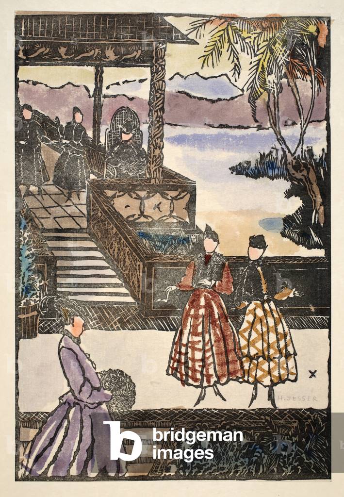 Promenade, Plate 10, Book 10, illustration from 'Wiener Werkstatte Mode 1914/15', pub. Eduard Kosmack, Vienna, 1914-1915 (hand-coloured linocut)