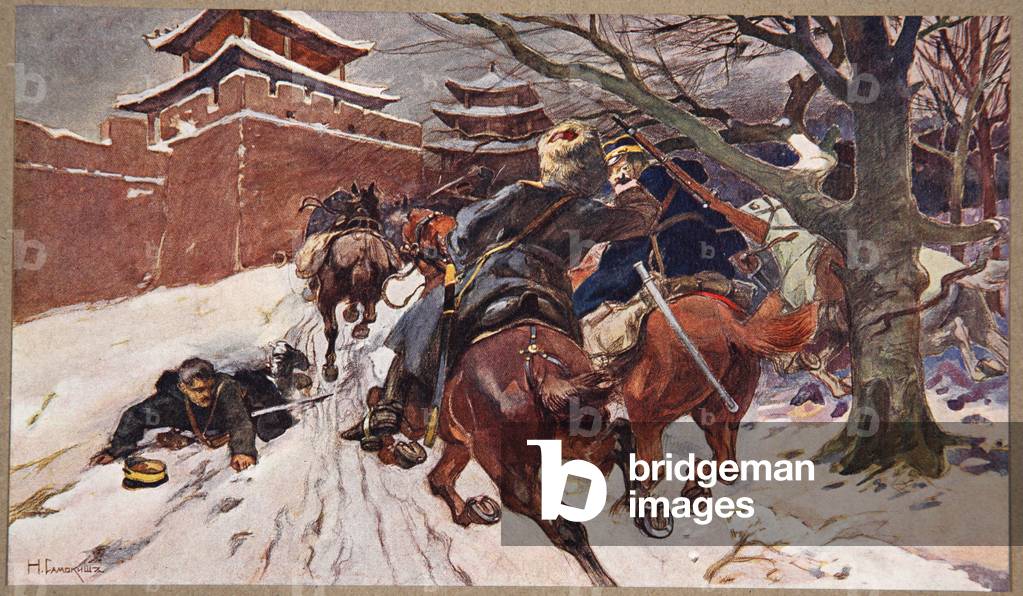 Cavalry engagement on the outskirts of Moukden, illustration from 'Manchuria: images from the Russo-Japanese War', edited by A. Martynoff, St. Petersburg, 1907 (colour litho)