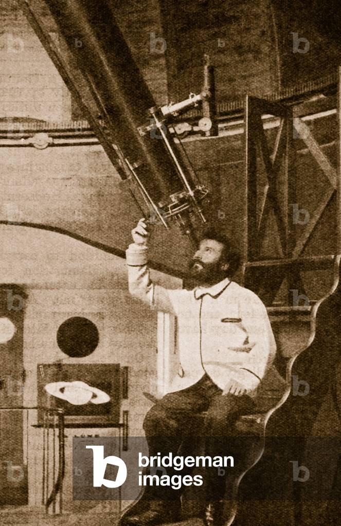 Camille Flammarion at his telescope in his observatory at Juvisy (sepia photo)