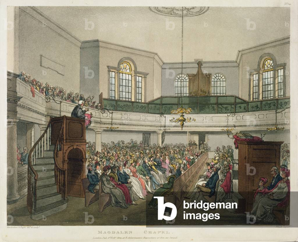 Magdalen Chapel, da 'Ackermann's Microcosm of London', inciso di John Bluck (fl.1791-1831), 1809 (aquatint)