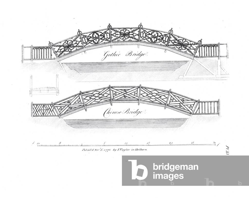 Designs for garden bridges, published 1773 (engraving) (b/w photo)