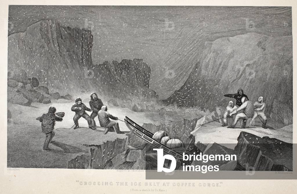 Crossing the Ice Belt at Coffee Gorge, illustration from 'The second Grinnell Expedition in Search of Sir John Franklin...', 1856 (engraving)
				
