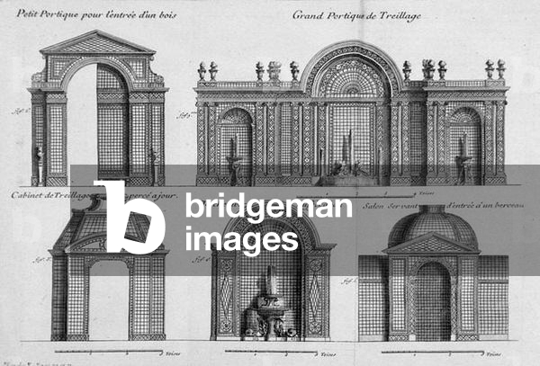 Portico designs, from 'La Theorie et la Pratique du Jardinage', by Antoine-Joseph Dezallier D'Arganville (1680-1765), engraved by Mariette, published 1709 (engraving) (b/w photo)