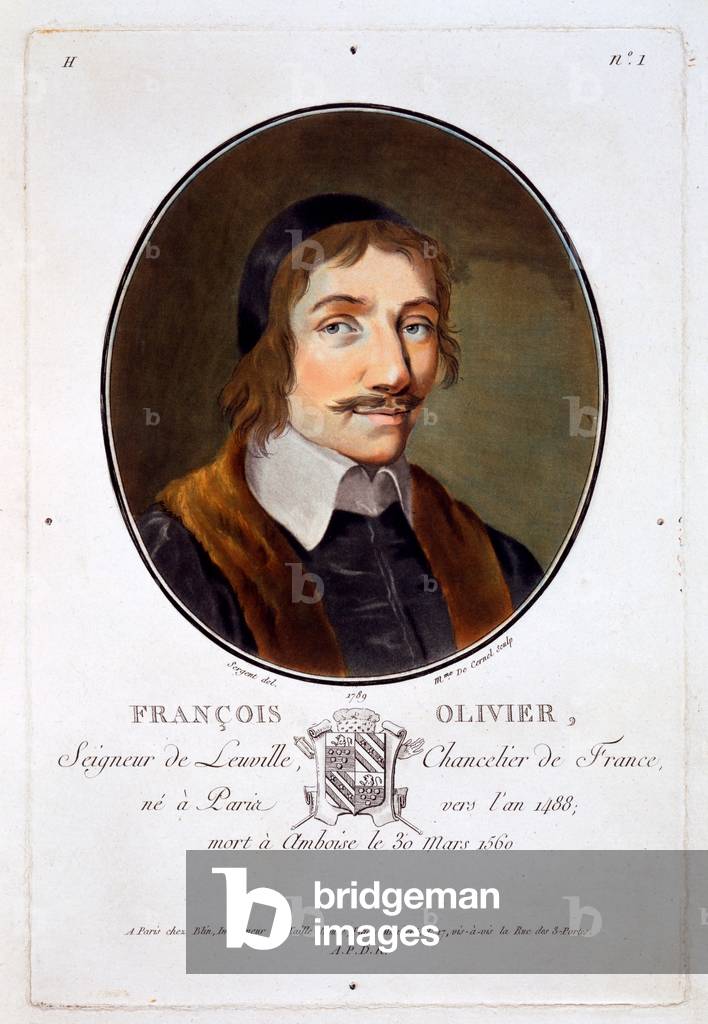 Francois Olivier Seigneur de Leuville, from 'Portraits des grands hommes, femmes illustres, et sujets memorables de France, grave et imprimes en couleurs', published by Pierre Blin, 1786-92, Paris (colour engraving)