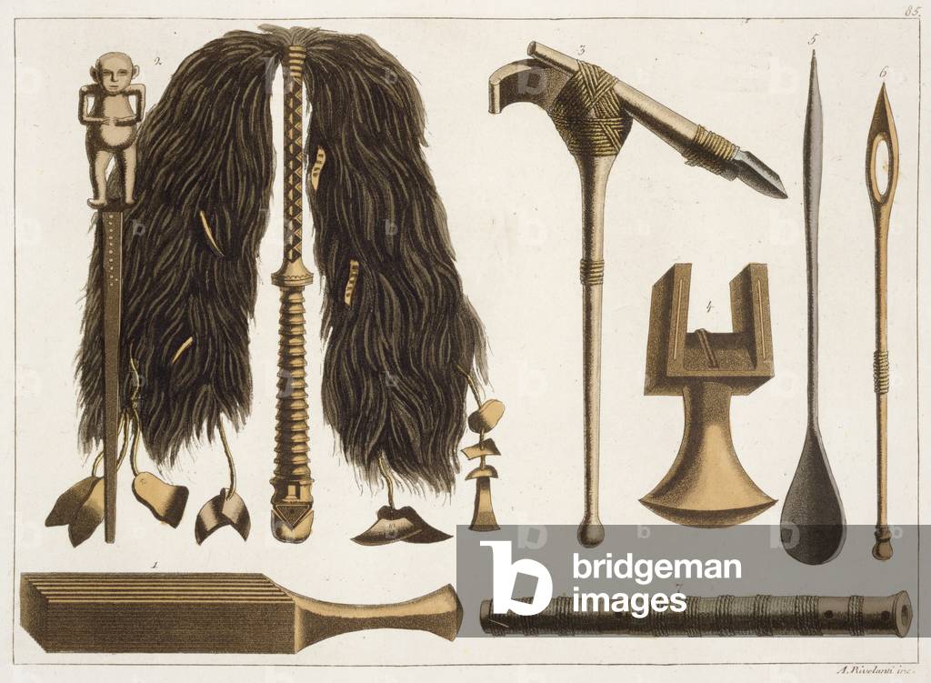 Tahitian tools and Ceremonial instruments, illustration from a collection of early 19th Century travel books (colour litho)