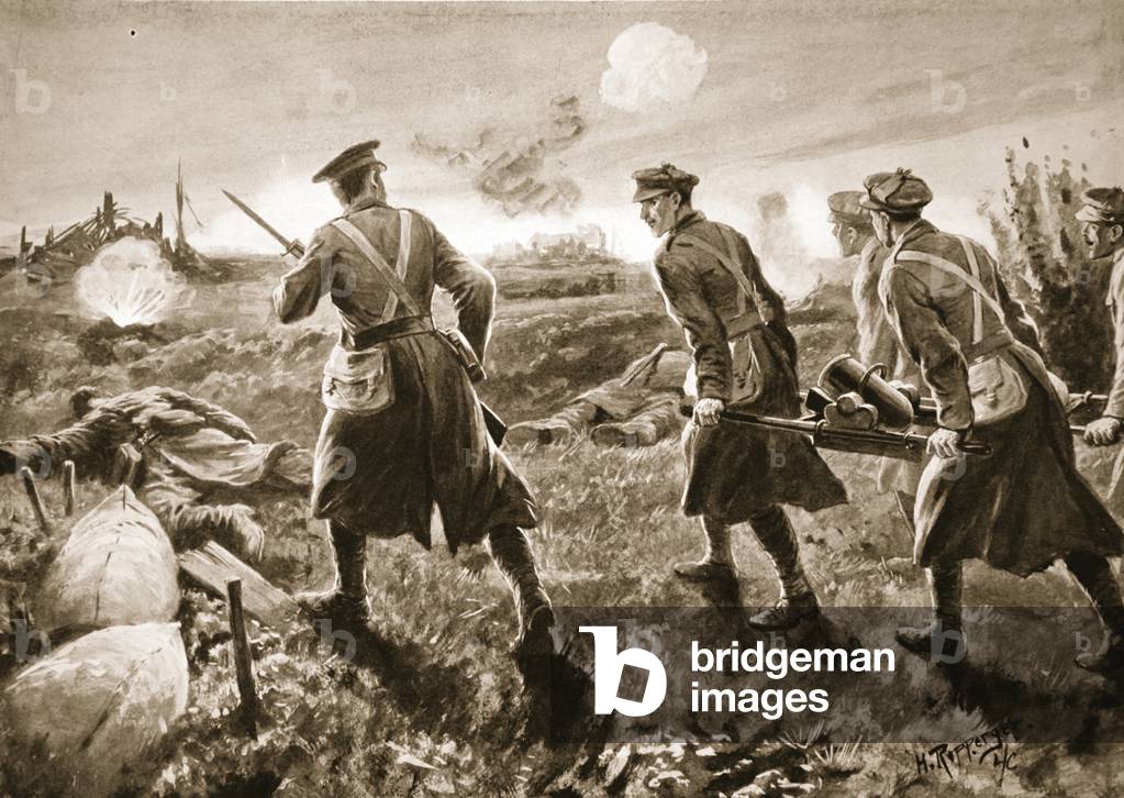 Private De Ath assisting in carrying a trench mortar across the open to the enemy's lines (litho)