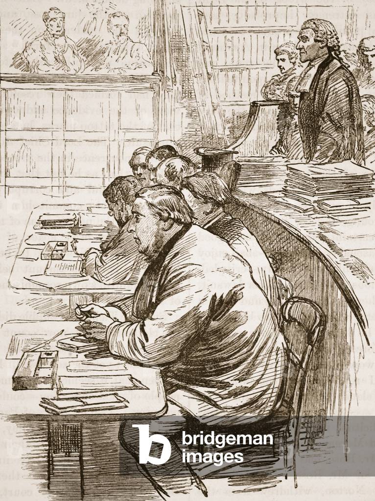 The Tichborne claimant in court, illustration from 'Cassell's Illustrated History of England' (engraving) (sepia photo)