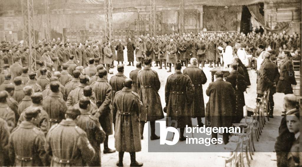 The Footballers' Battalion and the Church: the Bishop of Birmingham conducting a service at the White City, from 'The Illustrated War News', 1915 (b/w photo)
