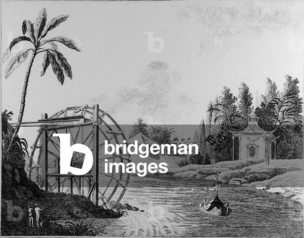 Ornamental water wheel with Chinese pavilion and sailing boat, from 'Recent New Ideas for the Garden', published 1779 (engraving) (b/w photo)