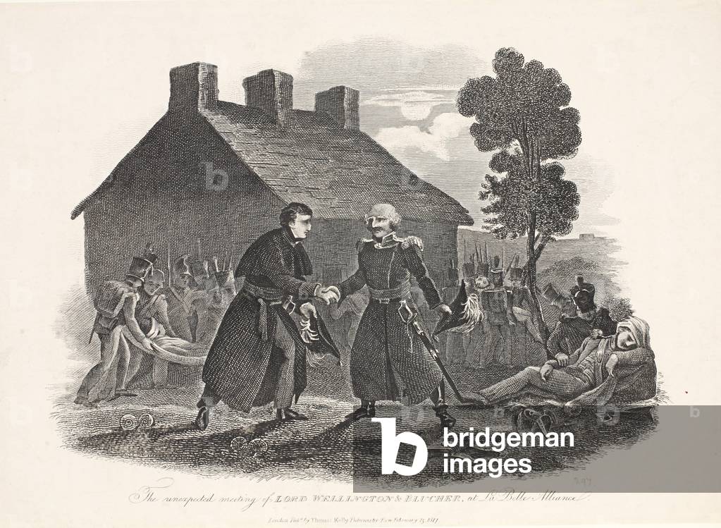 The unexpected meeting of Lord Wellington and Blucher at La Belle Alliance, pub. T Kelly, 1811 (engraving)