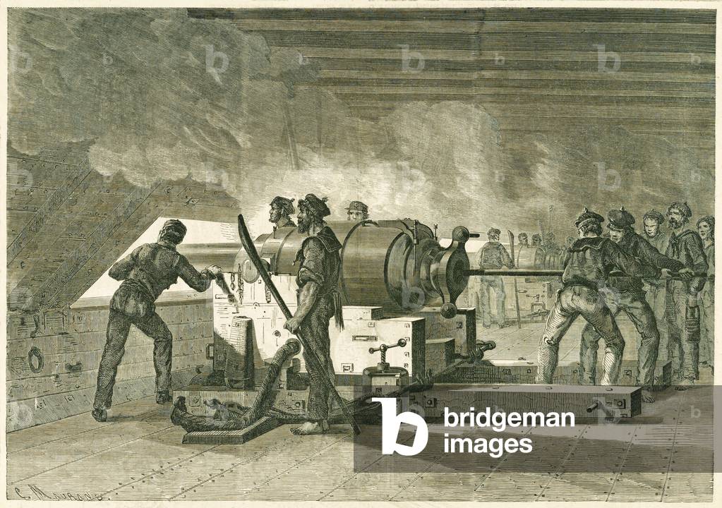 Intérieur de la batterie du Merrimac, pendant le combat avec le Monitor, published 1862-1865 (wood engraving)