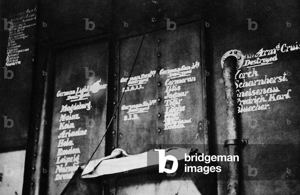 Dedicated to Von Tripitz! A 'score' of ships lost to Germany painted on a bulkhead of a British cruiser, from 'The Illustrated War News' (b/w photo)