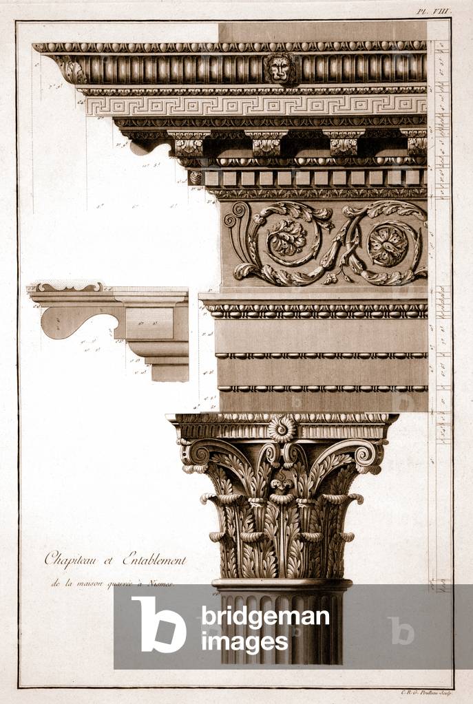 Capital & Entablature, Maison Carrée, Nimes, France (engraving)
