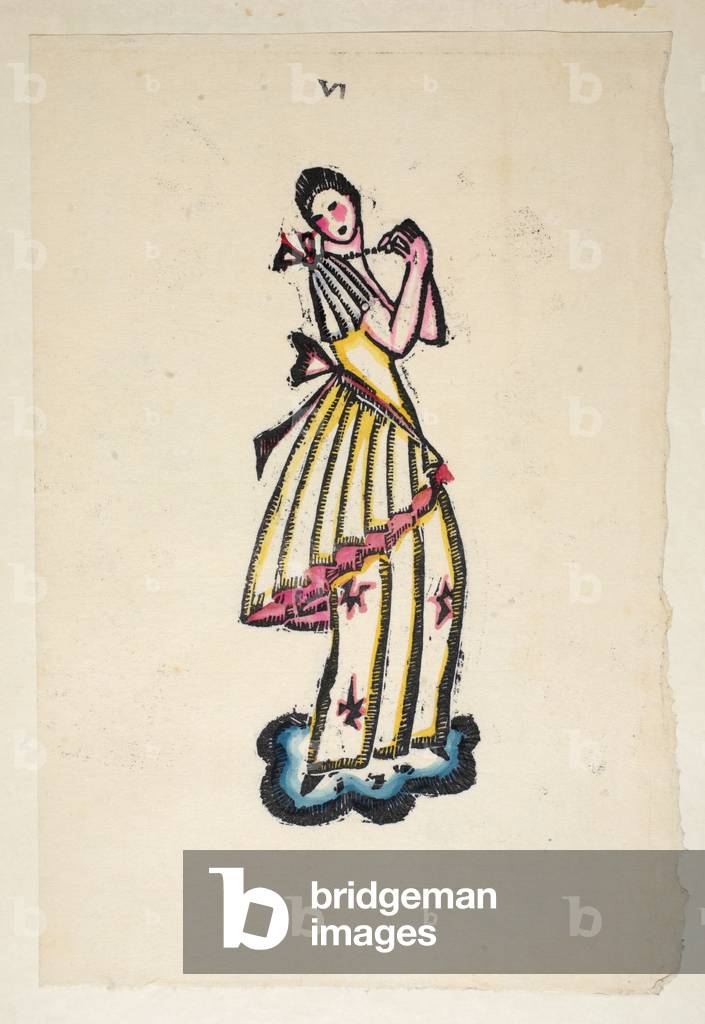 Design for an evening dress, Plate 6, Book 4, illustration from 'Wiener Werkstatte Mode 1914/15', pub. Eduard Kosmack, Vienna, 1914-1915 (hand-coloured linocut)