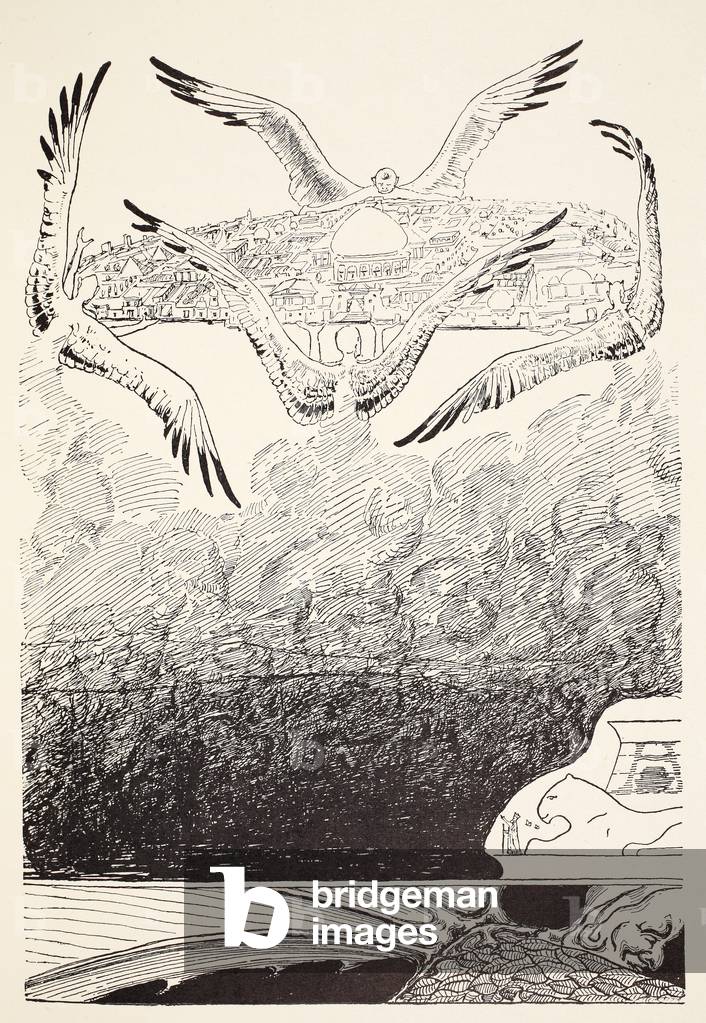 The four gull-winged Djinns lifting up Suleiman-bin-Daoud's Palace the very minute after the Butterfly had stamped, illustration from 'Just So Stories for Little Children' by Rudyard Kipling, pub. London, 1951 (litho)