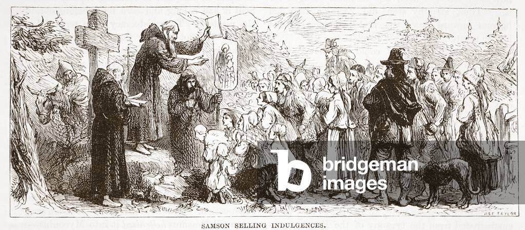 Samson Selling Indulgences, illustration from 'The History of Protestantism' by James Aitken Wylie (1808-1890), pub. 1878 (engraving)