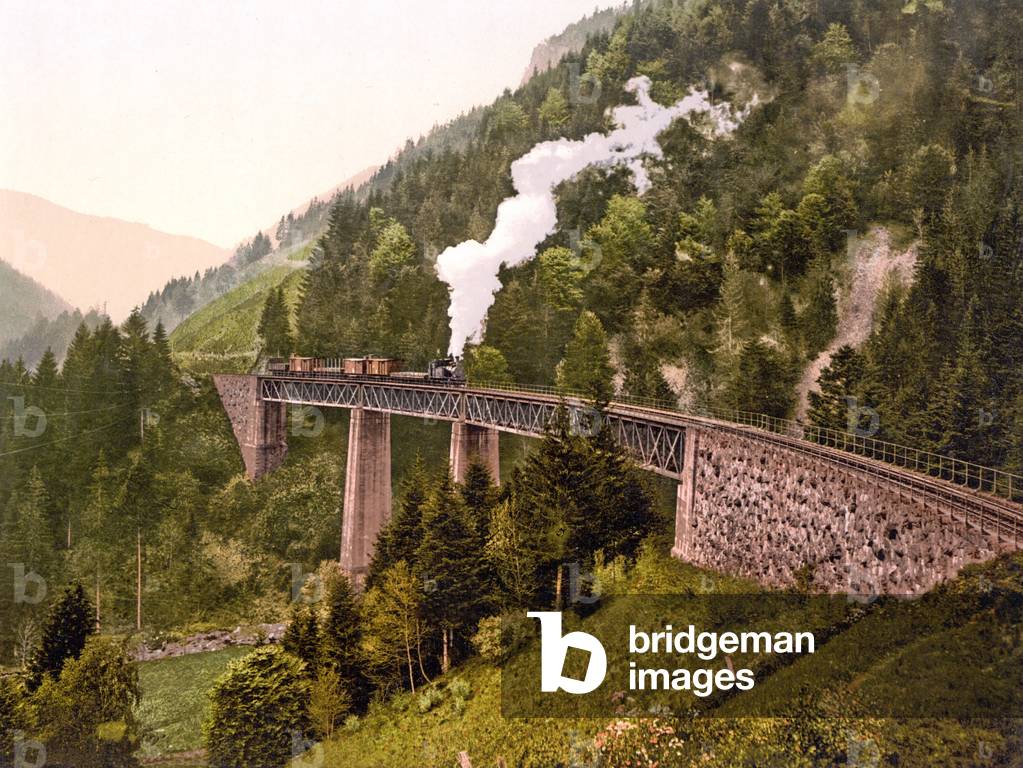 Train crossing the Ravenna Viaduct of the Hollental Railway in the Ravenna Gorge, Black Forest, 1890-1900 (chromolitho)