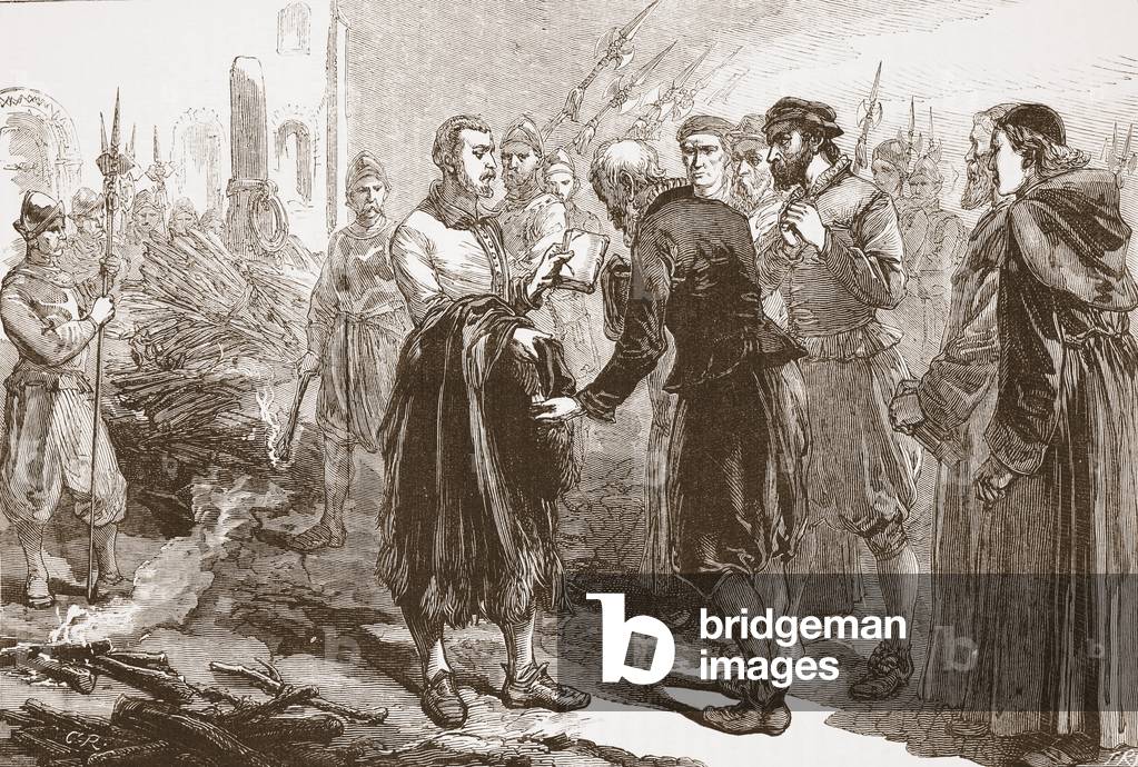 Parting of Patrick Hamilton from his friends at the stake, illustration from 'The History of Protestantism' by James Aitken Wylie (1808-1890), pub. 1878 (engraving)