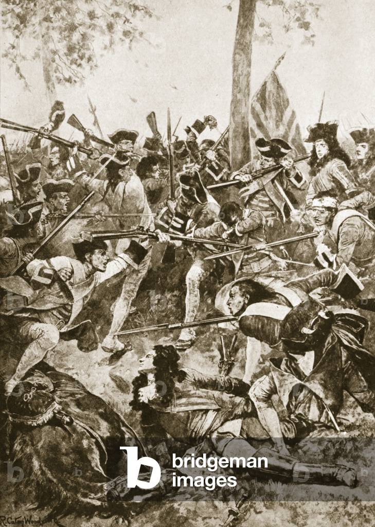 Battle of Ramillies, May 23rd 1706: The attack by the Irish Regiment (litho)