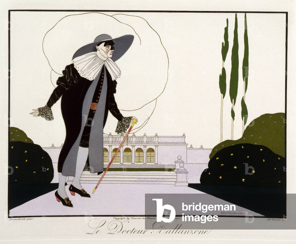 Doctor Ballanzone, from the 'Masks and Characters of Italian Theatre' edition of Le Journal des Dames et des Modes, engraved by Henri Reidel (fl.1914-20) 1914 (colour litho)