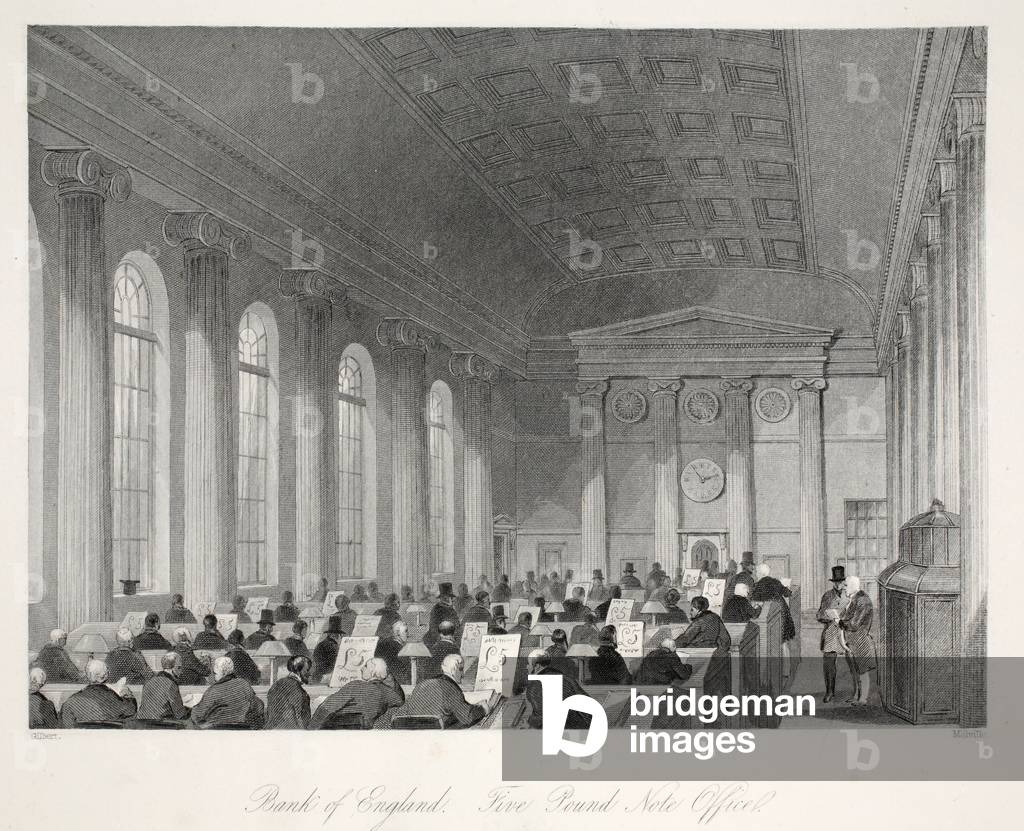 Bank of England - Five Pound Note Office, from 'London Interiors with their Costumes and Ceremonies' pub. Joseph Mead, London, c.1843 (steel engraving)