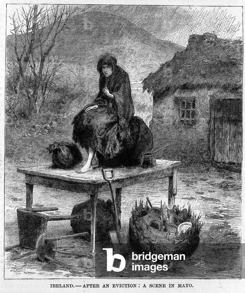 Ireland. After an eviction: a scene in Mayo, 1886 (engraving)