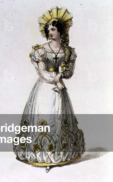 Evening dress, fashion plate from Ackermann's Repository of Arts (coloured engraving)