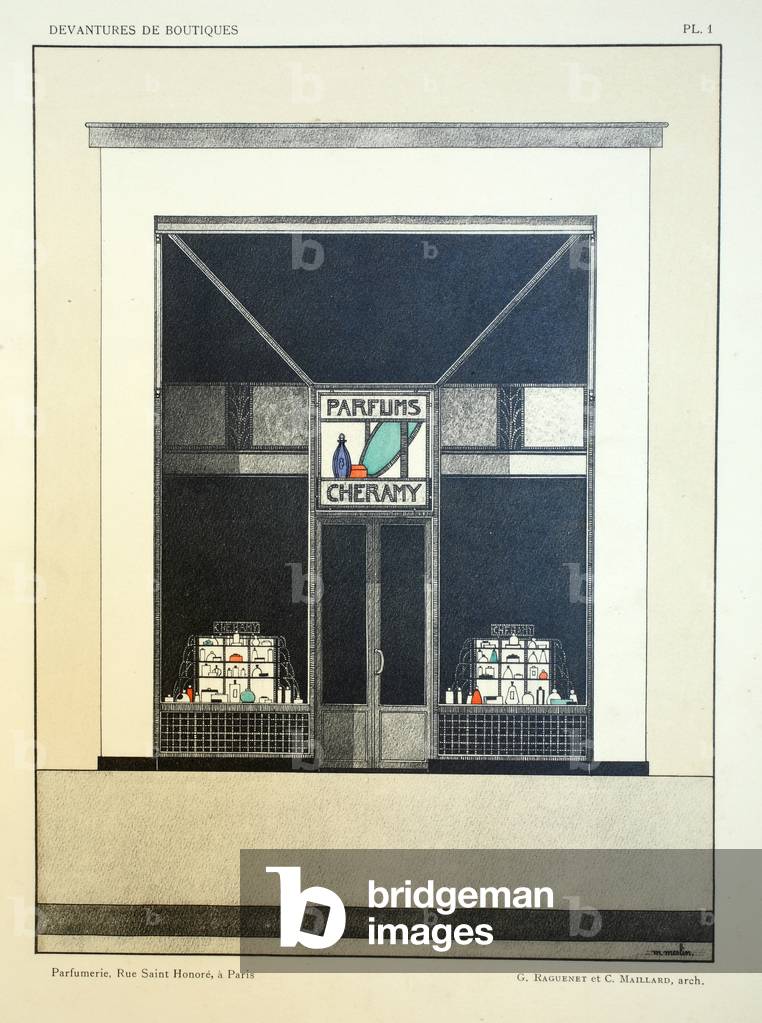 Shop front, Plate 1, illustration from 'Devantures de Boutiques' by Louis-Pierre Sezille, Paris, 1927 (colour litho)