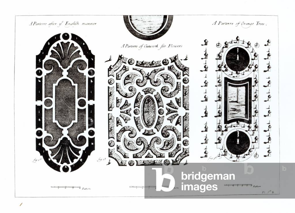 Parterre Designs, aus 'Theorie und Praxis der Garten', von Antoine-Joseph Dezallier D'Arganville (1680-1765), 