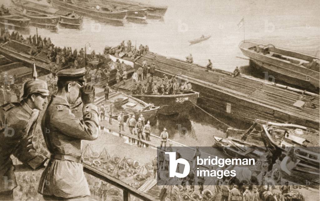 The British Submarine menace in the Baltic: German troops and stores for Hindenburg being transported by canal, from 'The Illustrated War News', 1916 (litho)
