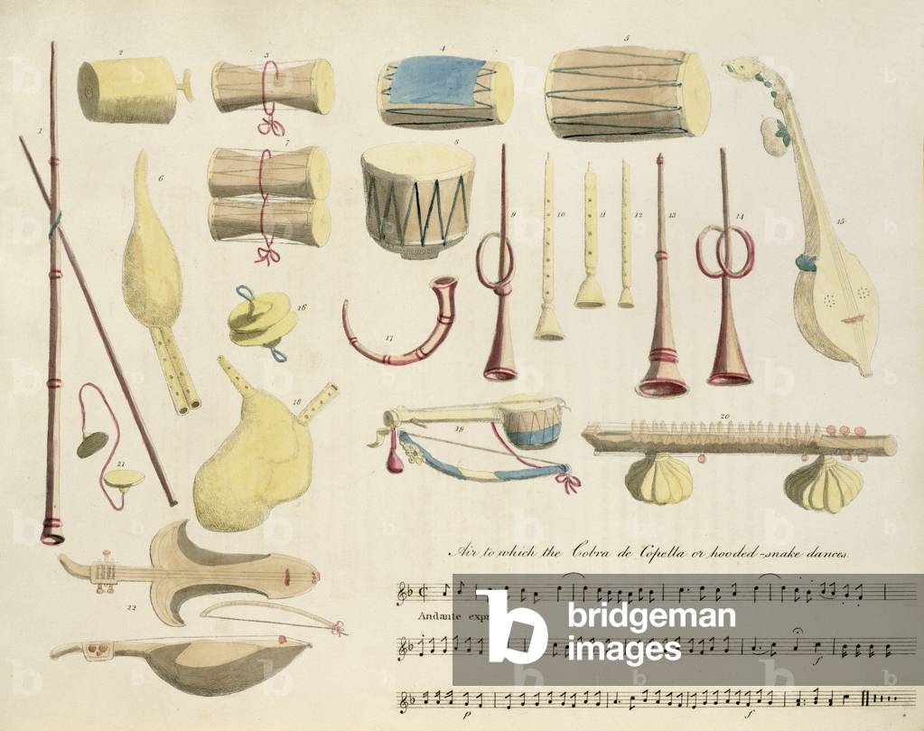 Indian Musical Instruments, plate 23 from 'Oriental Drawings', pub. 1806 (aquatint)