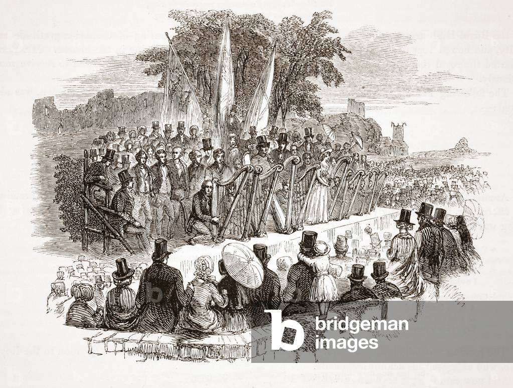Contest for the Gold Harp at the Royal Denbigh Eisteddfod, before H.R.H. the Duke of Susses in 1828 (steel engraving)