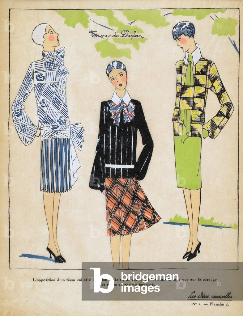 Three Women in Two Piece outfits showcasing Tissus de Duplan, Les Idées Nouvelles, 1928 (pochoir print on tissue paper)
