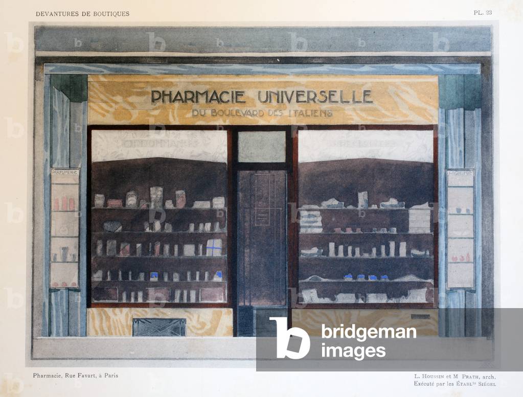 Pharmacy, plate 33, illustration from 'Devantures de Boutiques' by Louis-Pierre Sezille, Paris, 1927 (colour litho)