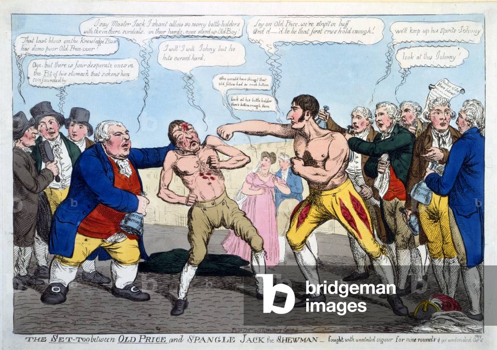 The Set-Too between Old Price and Spangle Jack the Shewman - fought with unabated vigour for nine rounds & yet undecided, pub. London, 1809 (hand coloured engraving)