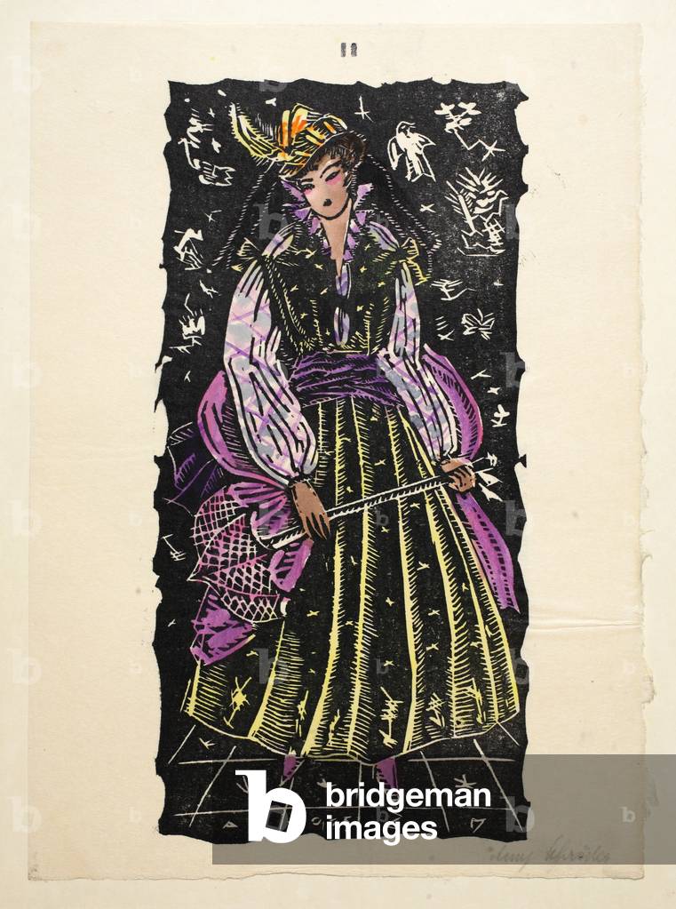 Design for an evening dress, Plate 2, Book 8, illustration from 'Wiener Werkstatte Mode 1914/15', pub. Eduard Kosmack, Vienna, 1914-1915 (hand-coloured linocut)