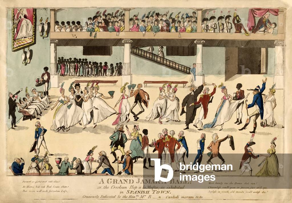 A Grand Jamaica Ball or the Creolean Hop a la Muftee in Sanish Town, pub. 1802 (hand coloured engraving)
