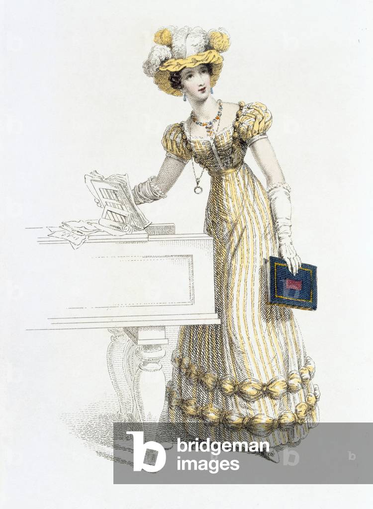 Evening dress, fashion plate from Ackermann's Repository of Arts (coloured engraving)