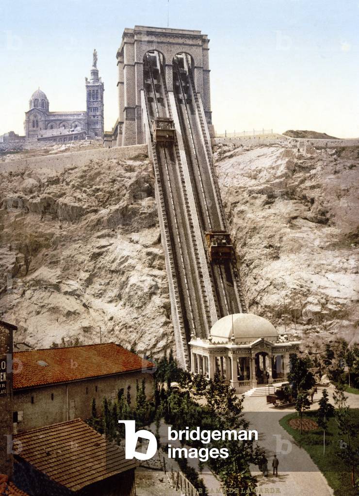 Marseilles Funicular Railway with Notre Dame de la Garde in background, pub. c.1895 (postcard chromolithograph)