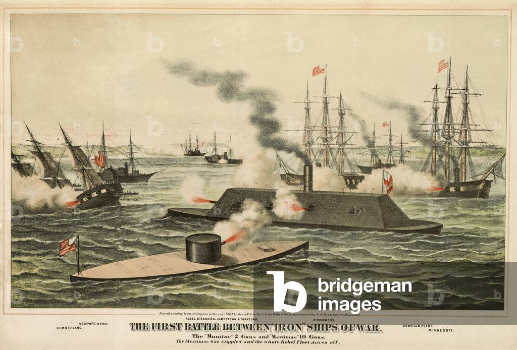 The First Battle Between 'Iron' Ships of War, published c.1862 (colour litho)