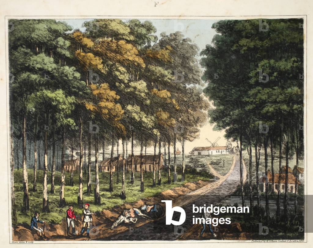 Skirt of the Foret of Soigne with a distant view of the village of Mont St Jean (coloured engraving)