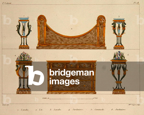 Furniture designs, engraved by Mme Soyer, plate 28 from 'Modeles de Meubles et de decorations interieures pur les meubles', published 1828/41 (colour litho)